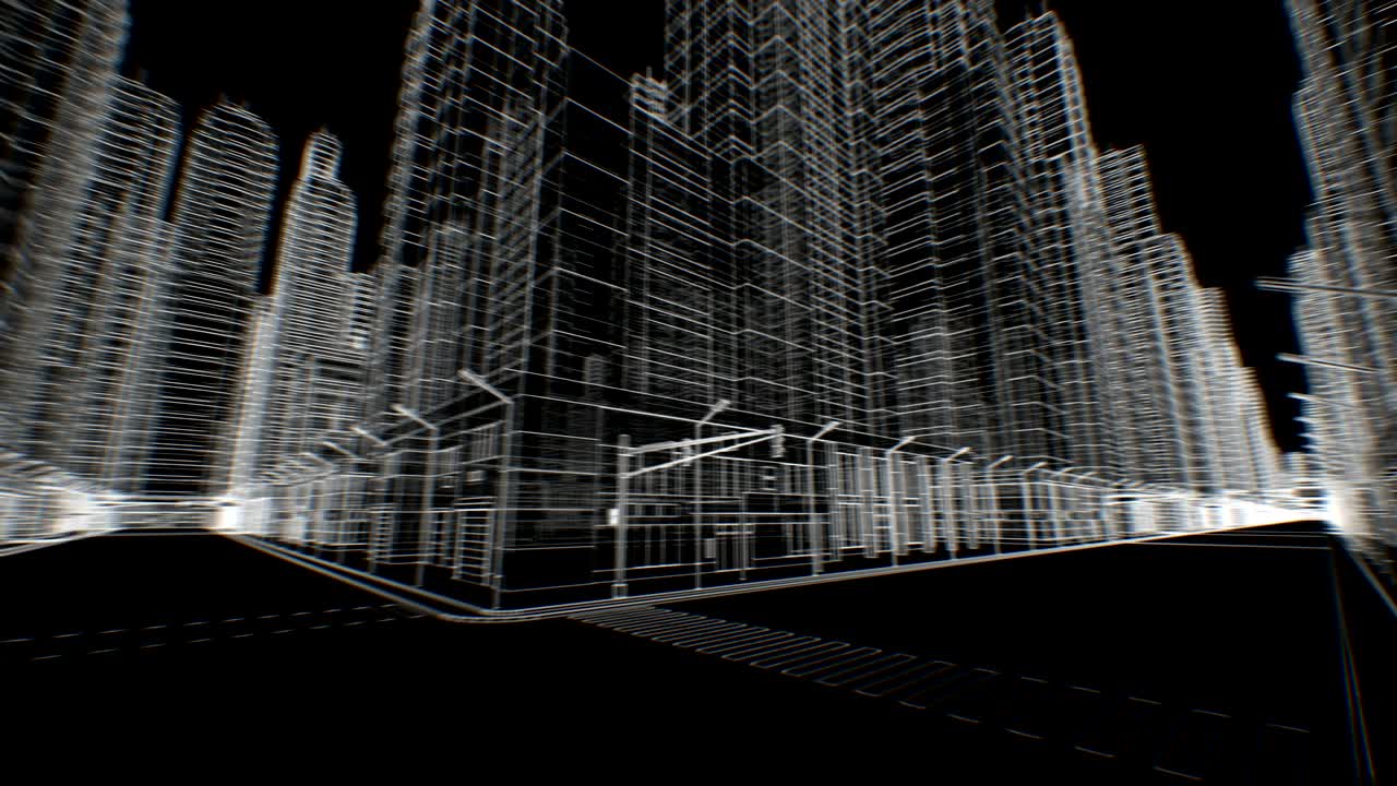 Empty Streets in Abstract Modern City Moving Through Seamless Digital 3d Blueprint on Black. Construction and Technology Concept. Looped 3d Animation.