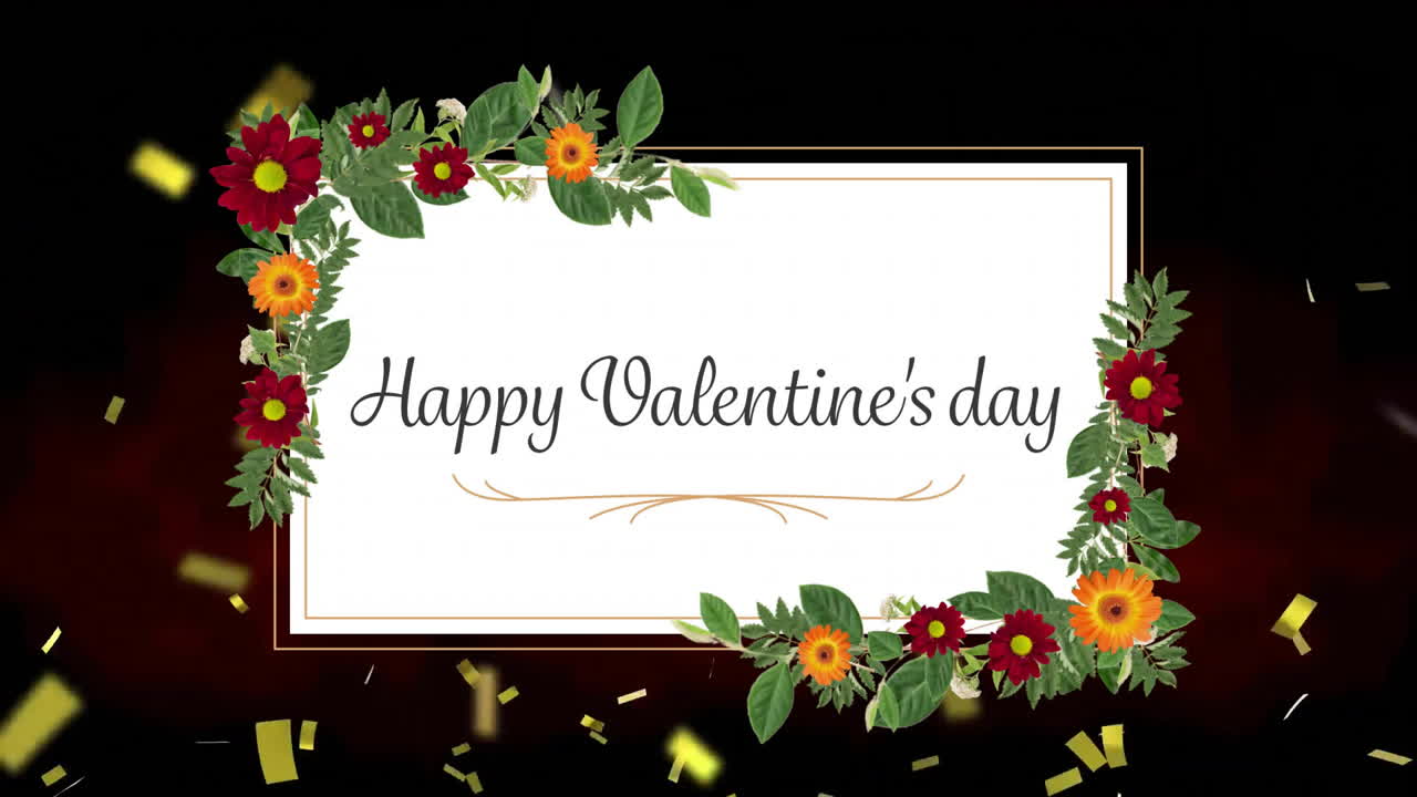 흑색 배경에 금색 콘페티 위에  꽃 상자에서 행복한 발렌타인 데이 텍스트의 애니메이션