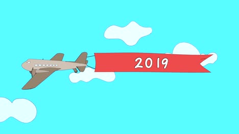 el avión está pasando a través de las nubes con la pancarta "2019" - bucle sin costuras