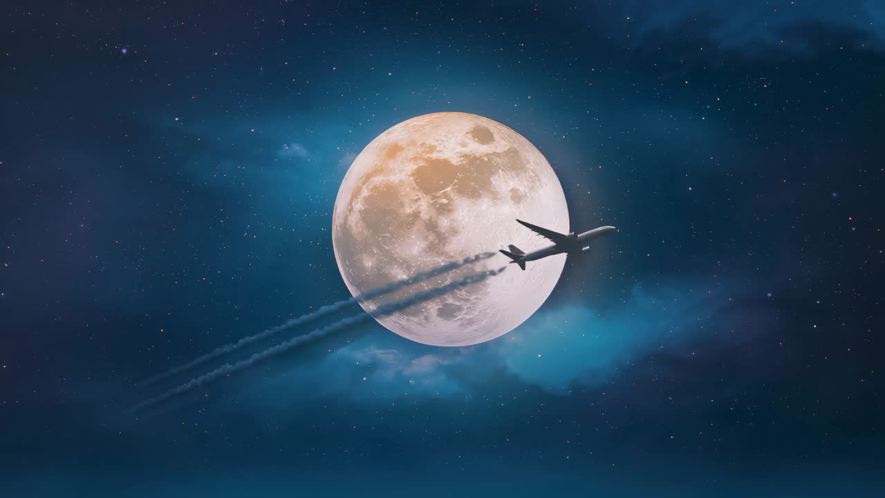 Emerging jet silhouette gliding across lunar face, trailing persistent contrails over star field