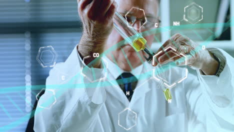 animación de una cadena de adn, procesamiento de datos científicos sobre un científico caucásico en el laboratorio