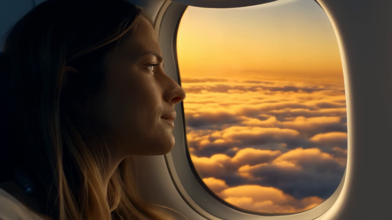 Voo ao Pôr do Sol, Mulher Caucasiana Olhando Pela Janela Sobre Nuvens Douradas, Luz Suave da Cabine, Contemplativa