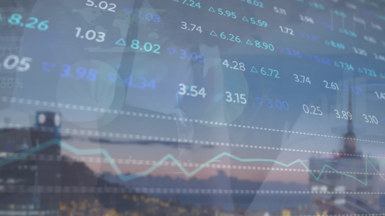 animación del procesamiento de datos financieros sobre el paisaje urbano