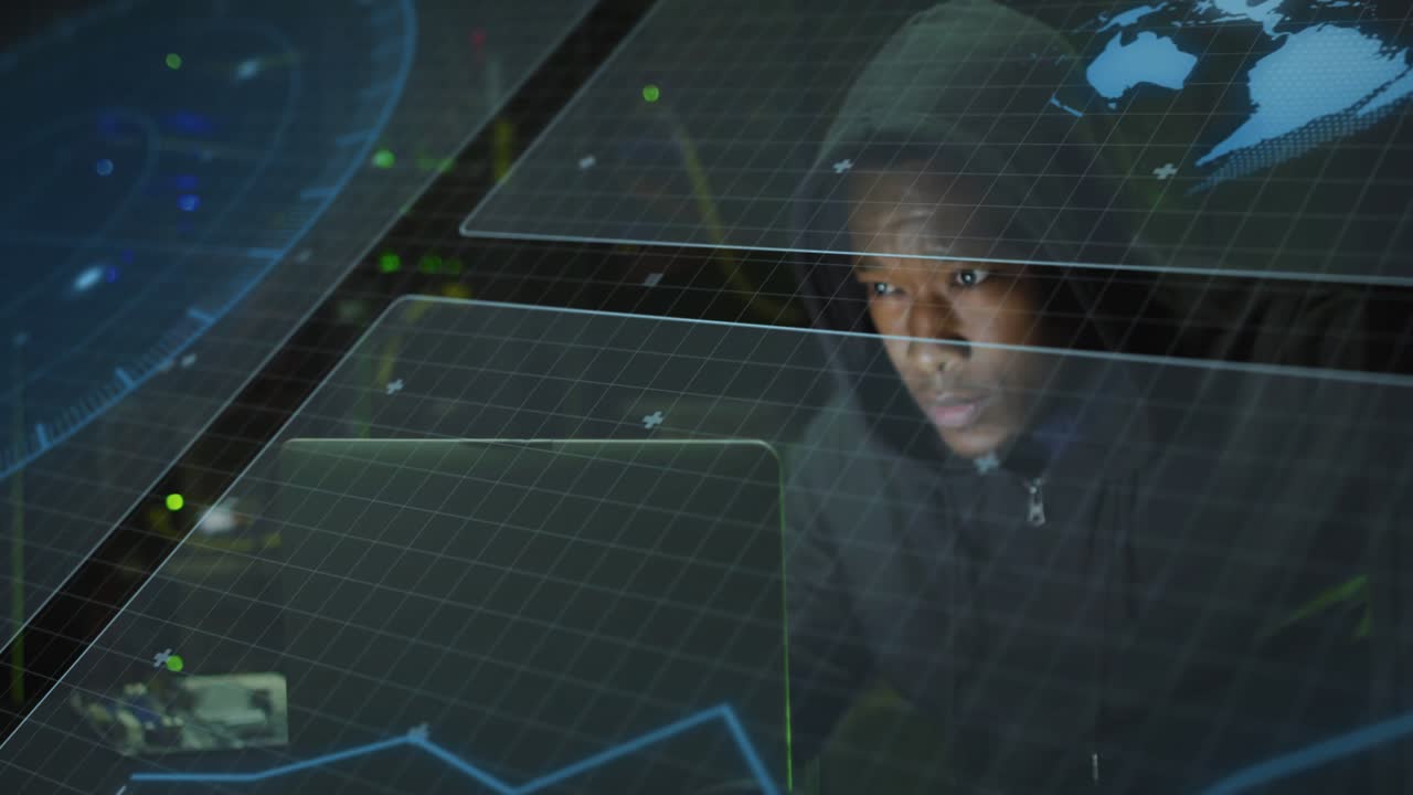 Cybersecurity specialist launching transparent panels and scanning globe overlay to detect threats