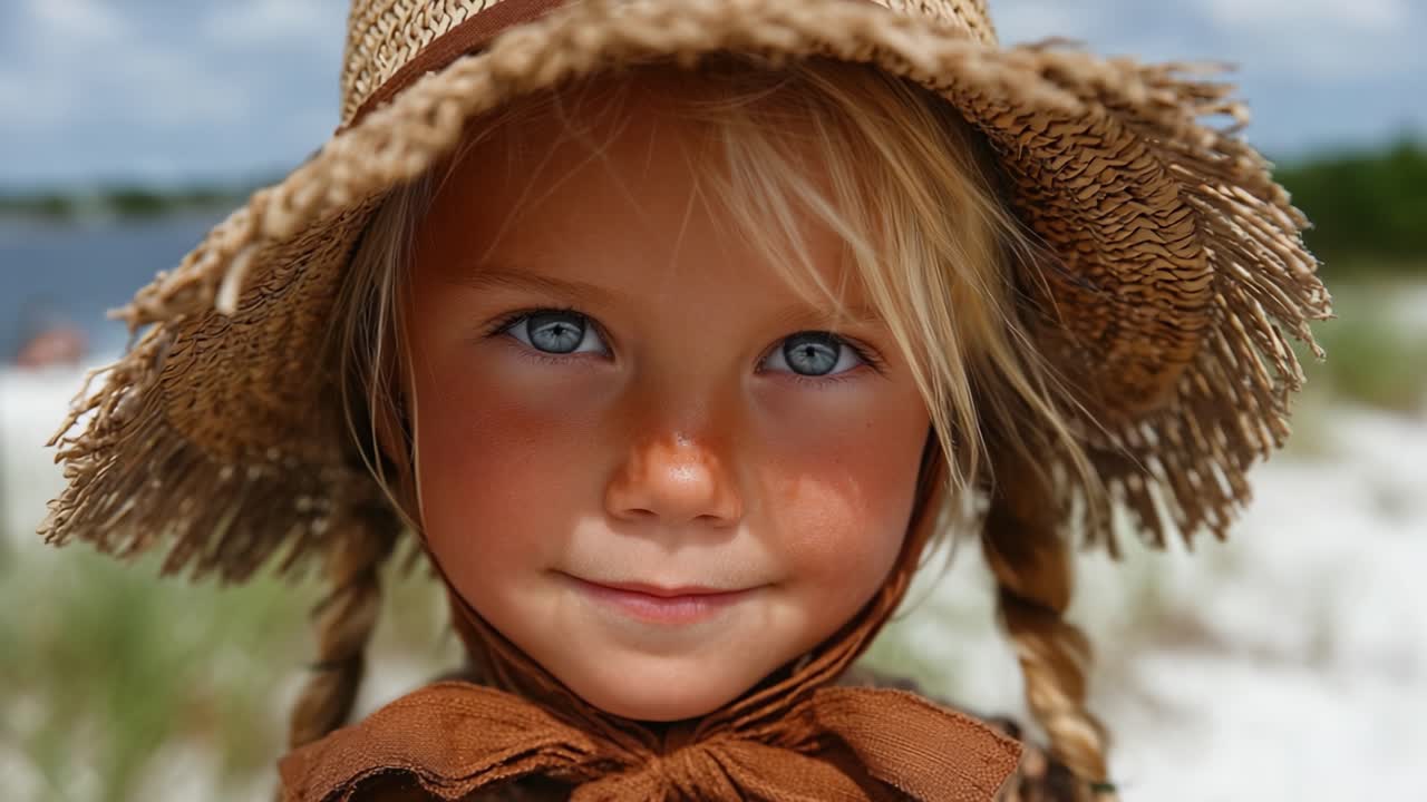 Um Retrato em Close-Up de uma Jovem Garota com Olhos Azuis Marcantes e um Chapéu de Palha, Capturando a Essência da Felicidade de Verão em um Dia Ensolarado à Beira da Água