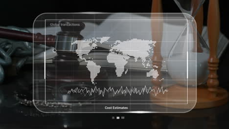 Animation-of-world-map-and-diagram-over-gavel-and-hourglass