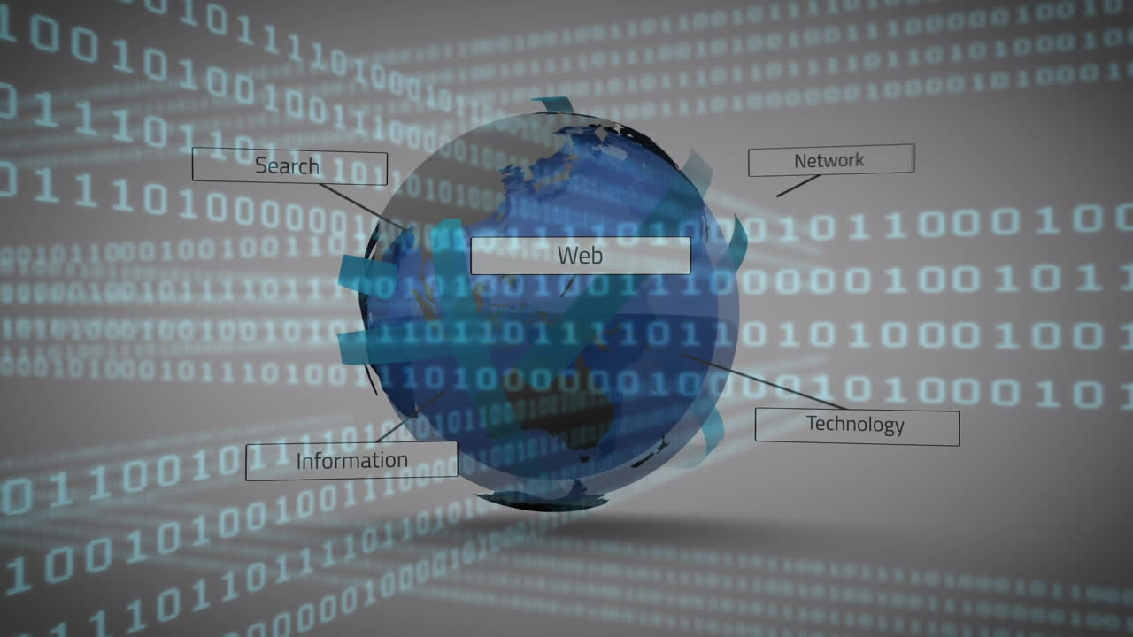 animación de códigos binarios sobre etiquetas de notificación con textos de todo el mundo contra un fondo blanco