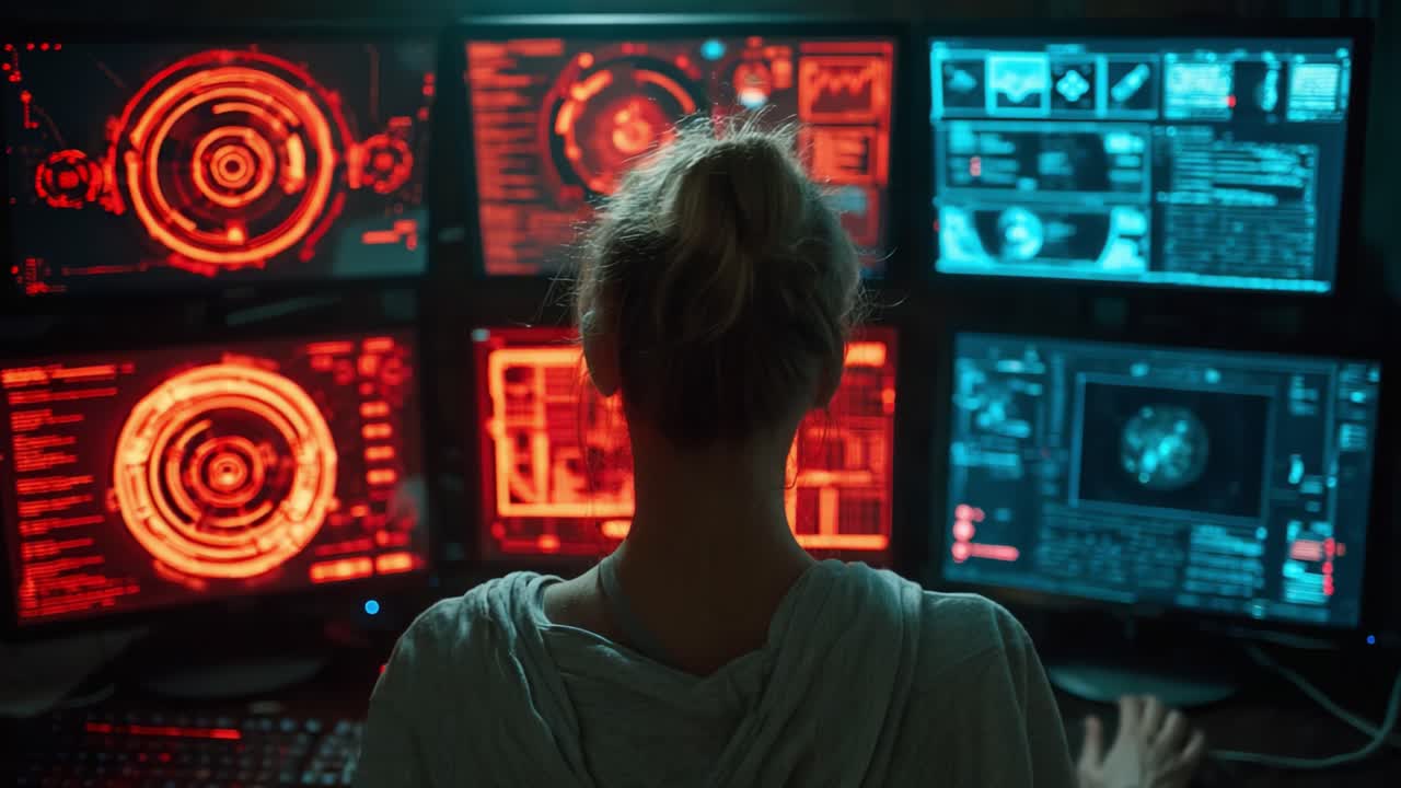 Monitoring and Analyzing Data: A Female Analyst Engaged in High-Tech Research at Multiple Computer Screens with Dynamic Displays of Information