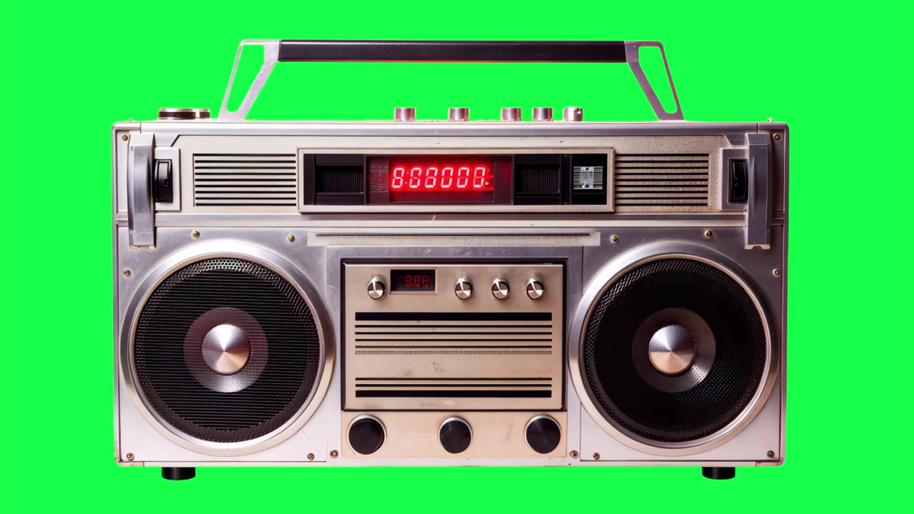 Boombox Perak Klasik dengan Pengatur Waktu Digital di Layar Hijau