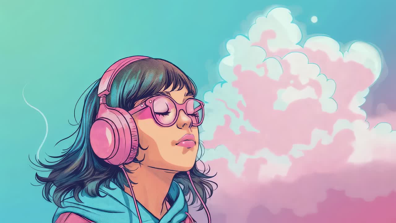 Pink clouds floating overhead while female listener wearing rose tinted headphones, closed eyes absorbing melodic sounds, experiencing peaceful moment with tranquil expression