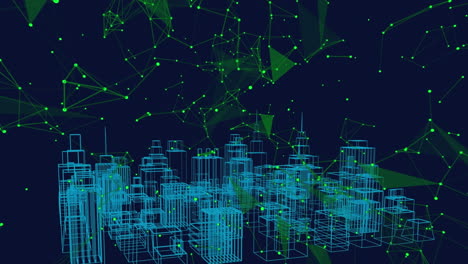 animation of digital city over network of connections on black background