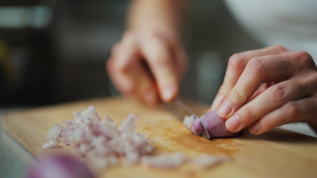 Cutting Onion Into Strips Finely Preparing Food