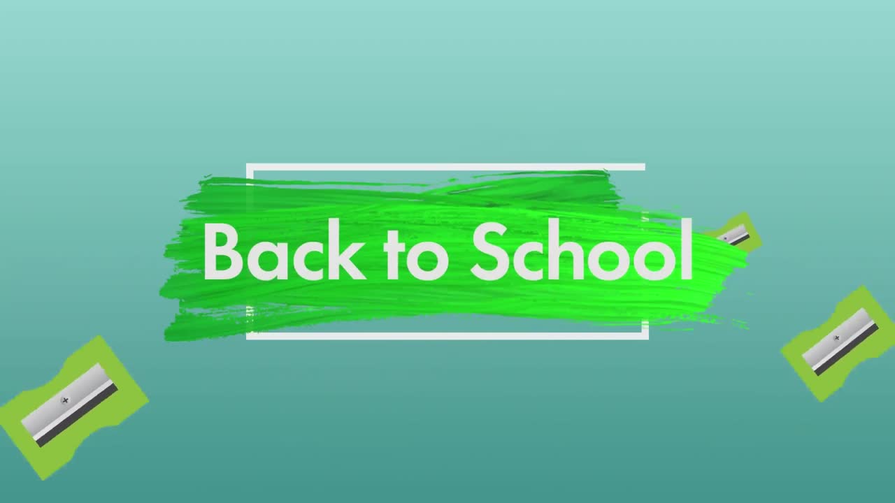 초록색 배경에 있는 학교 아이템 아이콘 위에 있는 학교로 돌아가는 텍스트의 애니메이션