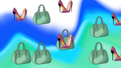 Animation-of-green-shoes-and-handbags-on-colourful-background