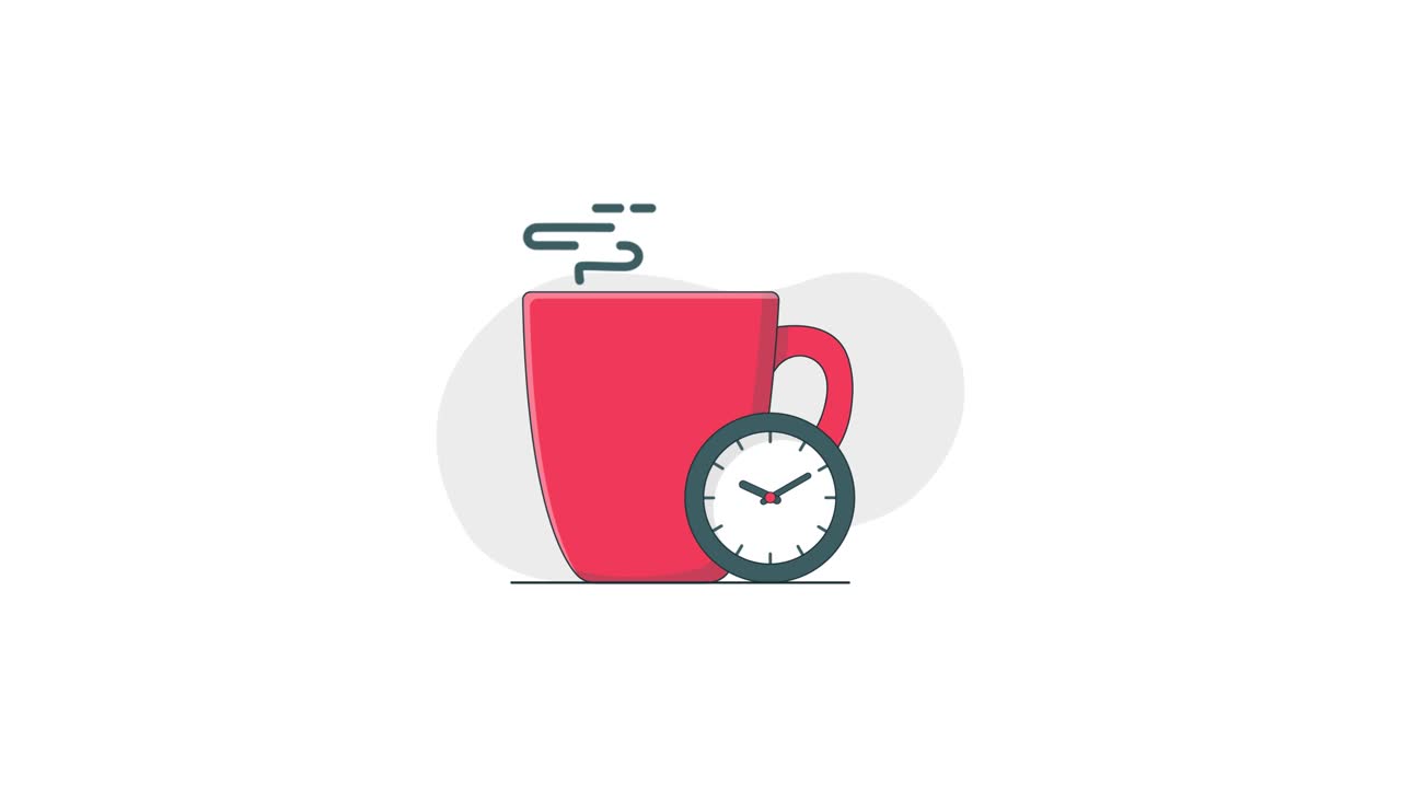 Taza de café animada con un reloj mostrando el paso del tiempo.