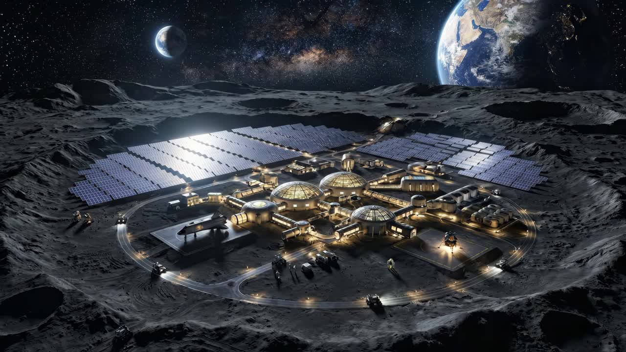 Futuristic Moon Base Colony with Earth and Astronauts