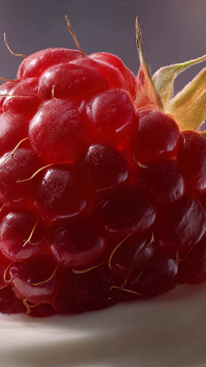 Close-Up of a Juicy Raspberry with Shiny Red Berries and Delicate Green Leaves Set Against a Soft Background, Highlighting Its Natural Beauty and Texture
