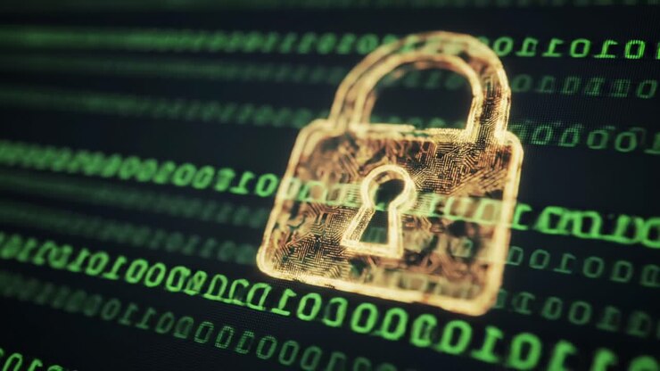 A Visual Representation of Cybersecurity: An Artistic Depiction of a Lock Overlaid on Streams of Binary Code Symbolizing Digital Protection and Data Security