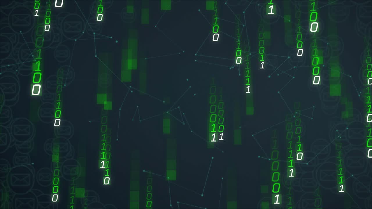 Green binary digits initiating cascade downward over navy network grid, showing digital data flow