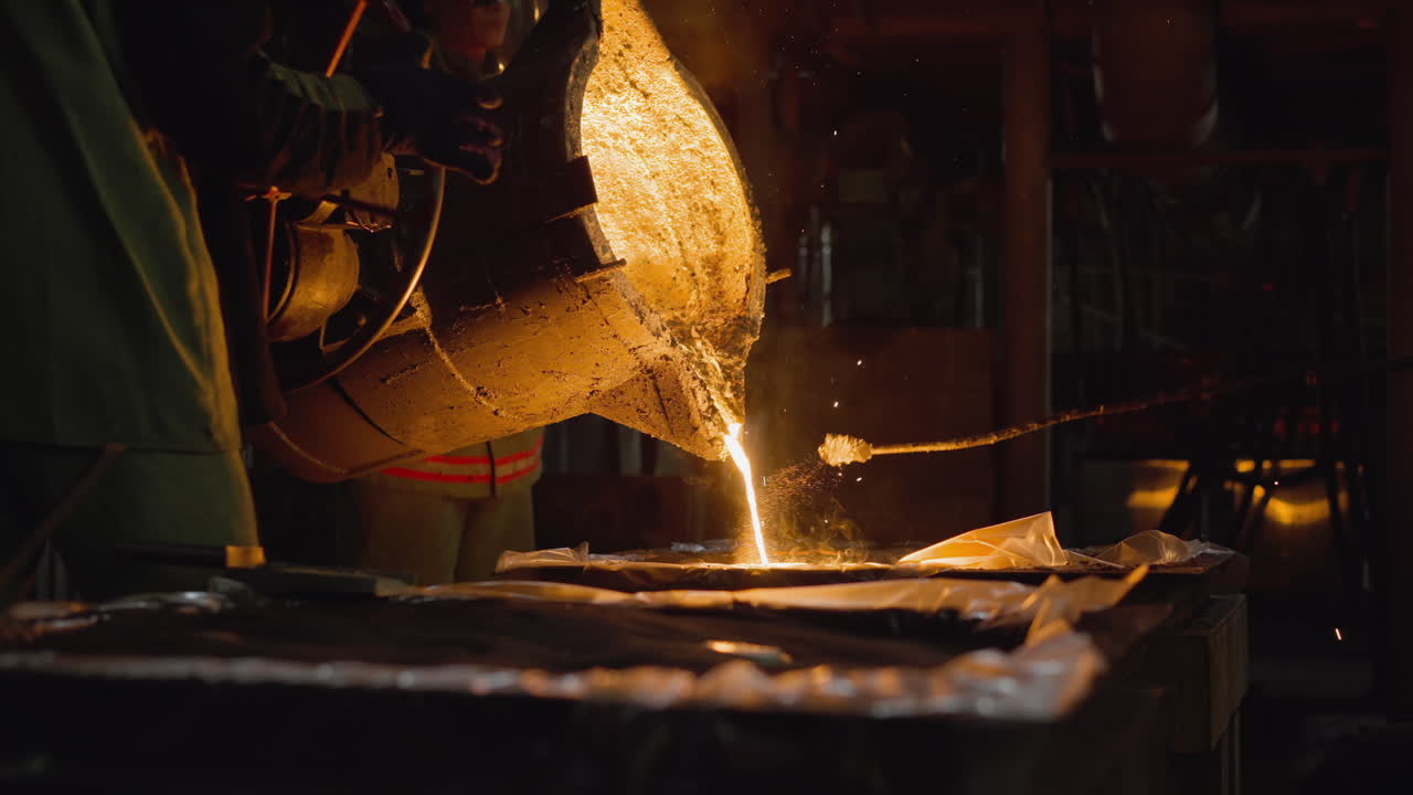 주조 공정 - 작업자가 액체 금속을 모형으로 부어, 밝은 녹은 흐름