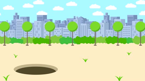 business man fall into the hole. background of town. risk concept. loop illustration in flat style.