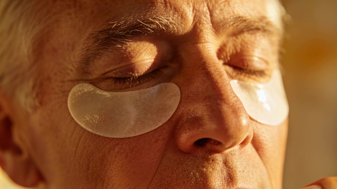 Applying senior pressing and smoothing hydrogel under-eye patches for skincare at home, warm light