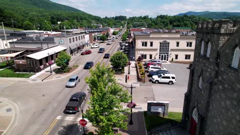 Aerial-Slow-Push-into-West-Jefferson-NC,-West-Jefferson-North-Carolina-in-4k,-Hometown,-Small-Town-America-,-Ashe-County-NC