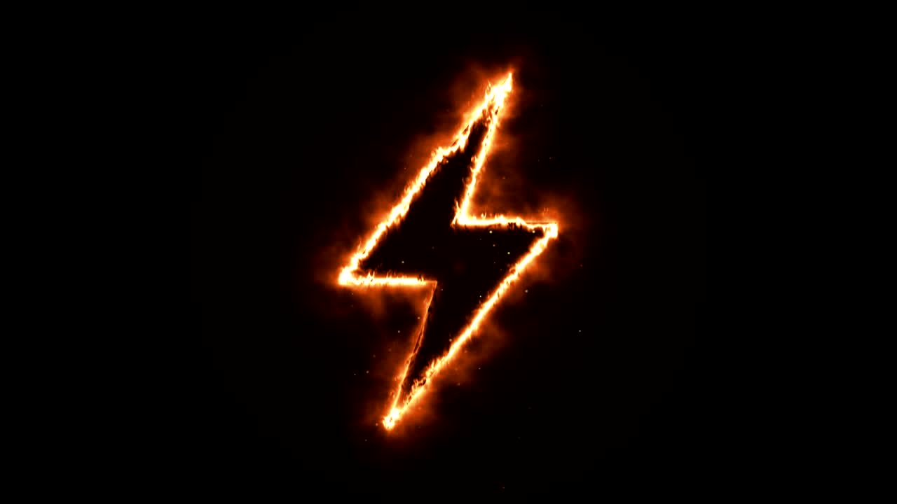 Burning lightning shape on black background, seamless animation