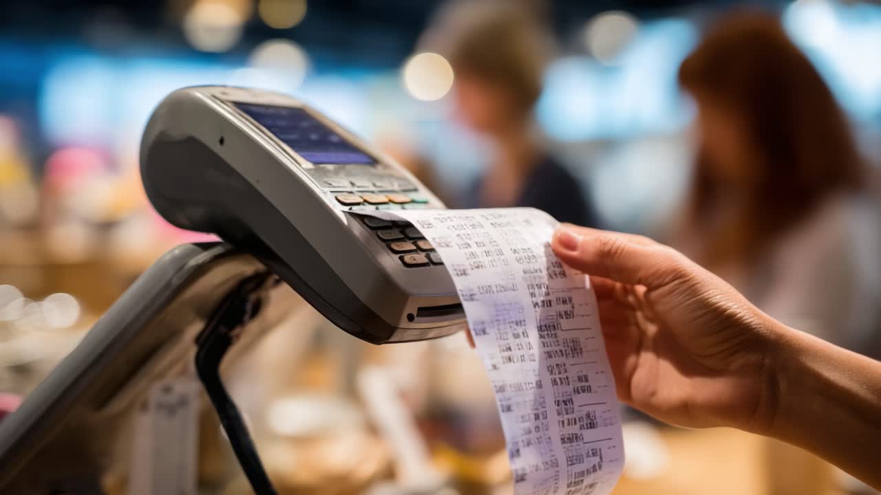 A Close-Up View of a Cash Register Receipt Being Printed, Highlighting the Payment Process with a Focus on the Terminal and Transaction Dynamics in a Retail Environment