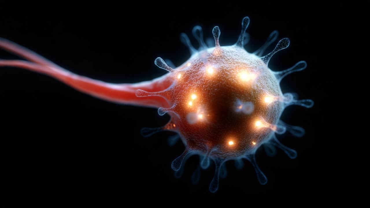 A Detailed and Stunning Close-Up of a Microscopic Cell with Intricate Structures and Pulsating Lights, Showcasing the Beauty of Biological Forms in a Dark Environment
