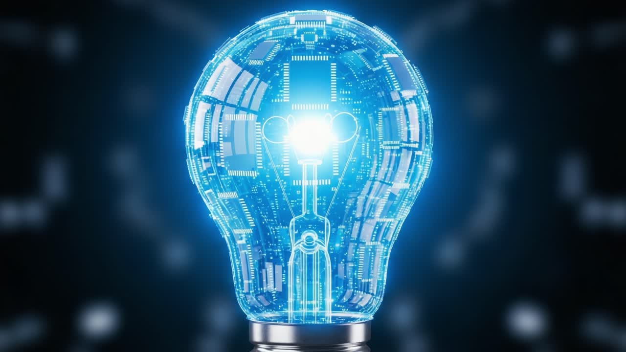 Illuminated Digital Light Bulb Representing Innovation and Technology, Showcasing a Futuristic Design with Circuitry and an Emphasis on Brightness and Modernity