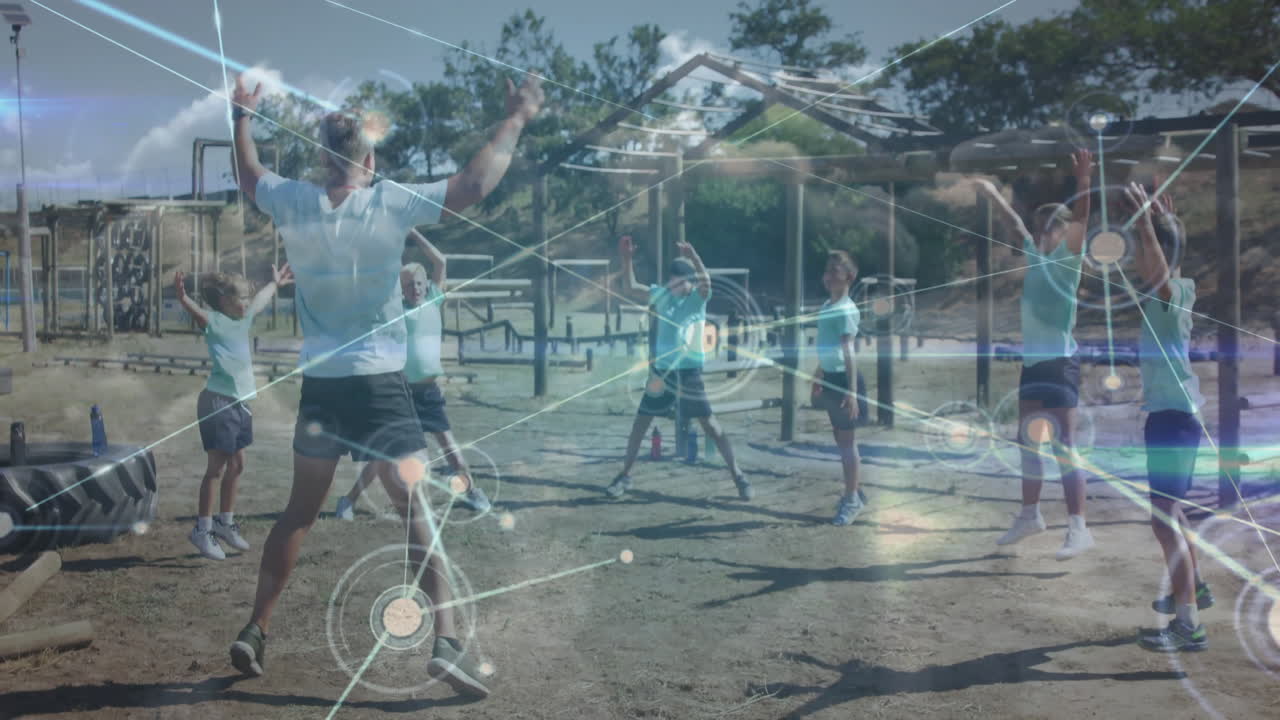 Exercising outdoors, people with digital network connections overlay in background