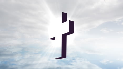 animation of christian cross over sun rays and clouded sky