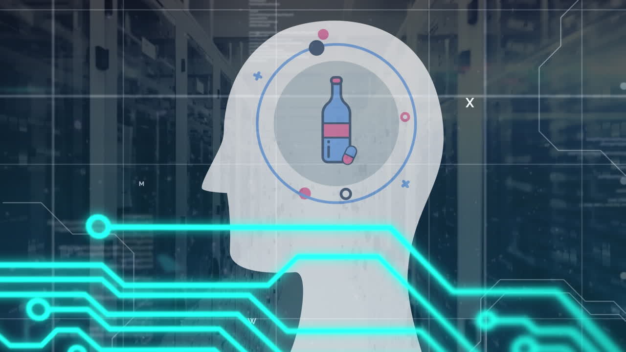 animación de la cabeza con botella y procesamiento de datos sobre la sala del servidor