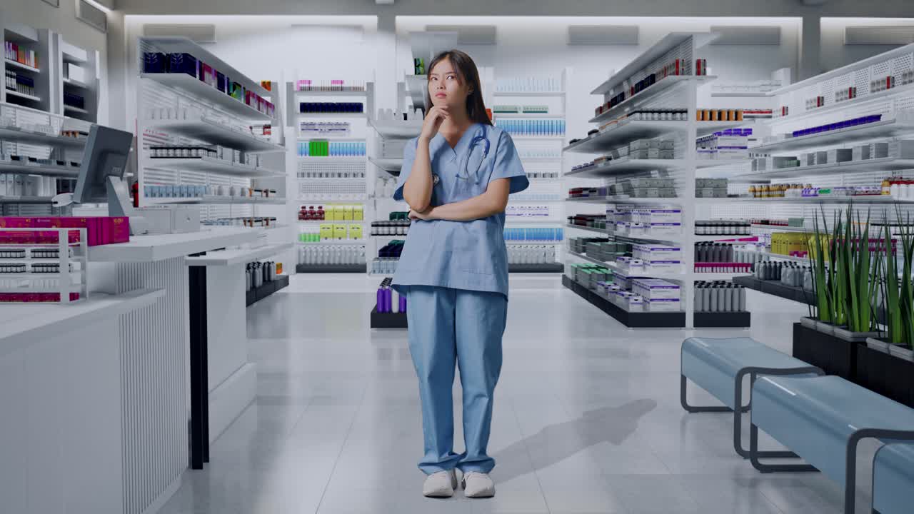 스테토스코프를 들고 있는 아시아 여성 의사가 무언가에 대해 생각하고 주위를 둘러보며 약국에서 지표손가락을 들어 올린다.