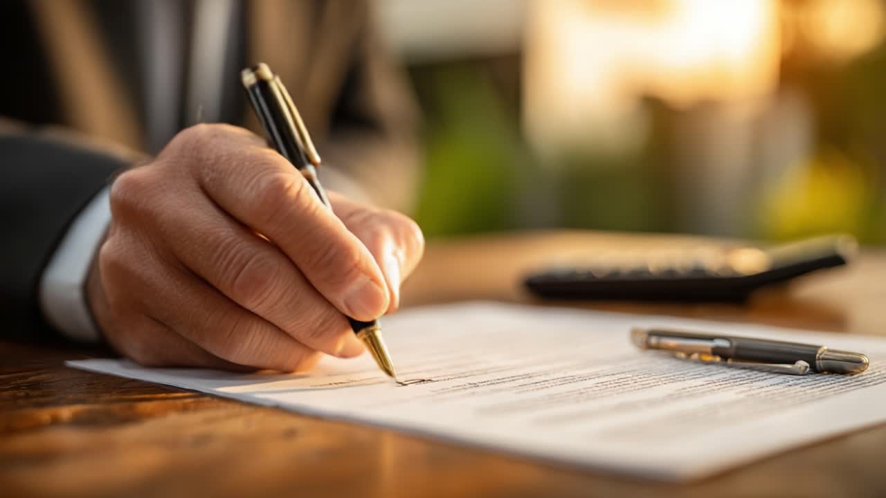 Mano che scrive con concentrazione con una penna su un documento, illuminata da una luce dorata soffusa, in un ambiente interno accogliente con una calcolatrice nelle vicinanze.