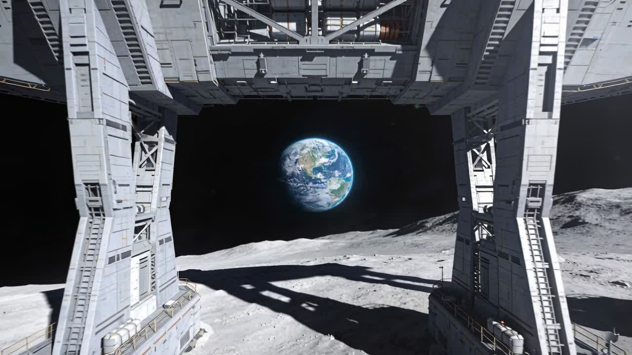 Telecamera che avanza muovendosi in avanti e verso il basso attraverso una baia lunare, inquadrando la Terra e le gambe di supporto.