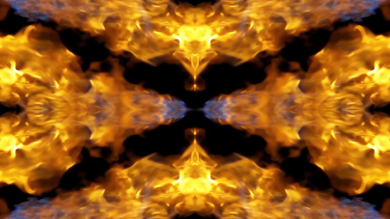 4k slow motion raw video of fire, explosion, fire blast, fiery stream jet isolated on a black background with reflection and mirror effect as in a kaleidoscope. Beautiful mirror pattern of fire.