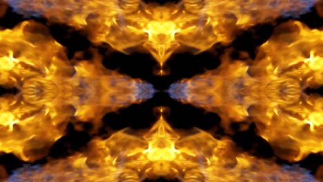 4k slow motion raw video of fire, explosion, fire blast, fiery stream jet isolated on a black background with reflection and mirror effect as in a kaleidoscope. beautiful mirror pattern of fire.