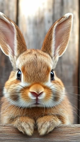 cute rabbit resting on wooden fence. a small, fluffy rabbit leans against a wooden fence, showcasing its soft fur and curious expression in daylight.