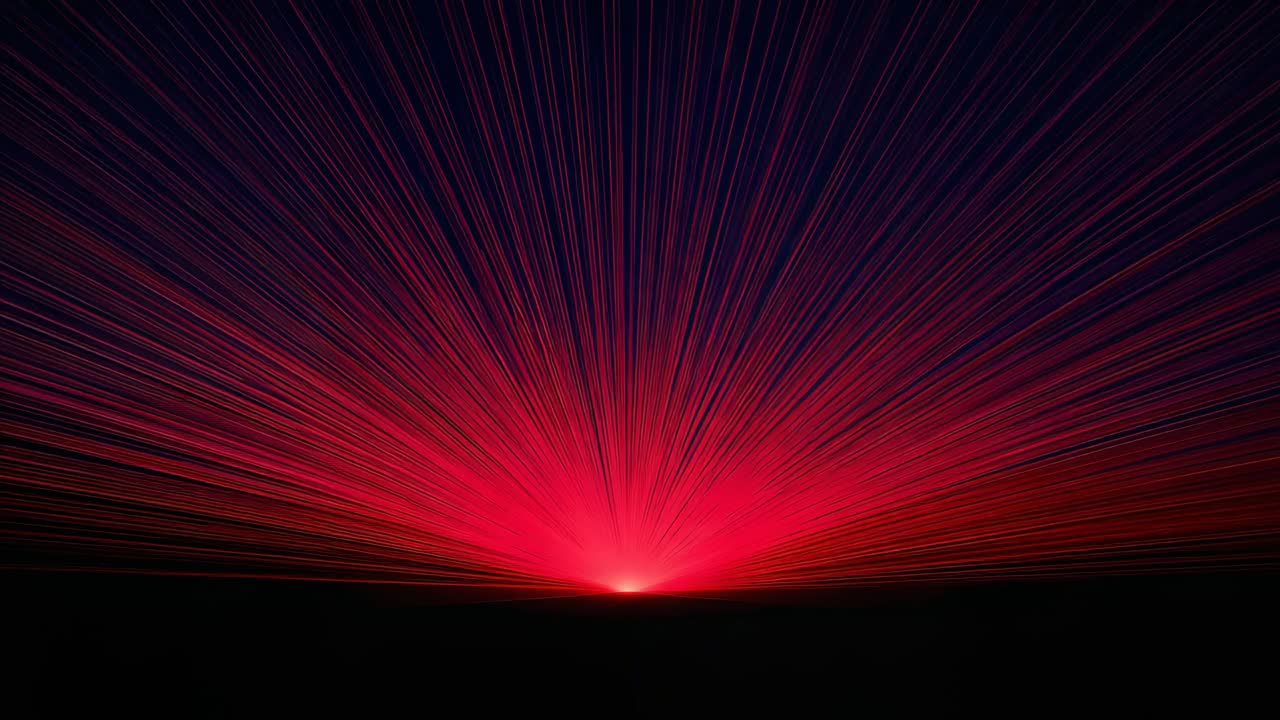 Brightening central red core over dark horizon sending radial streaks up, forming sunrise effect