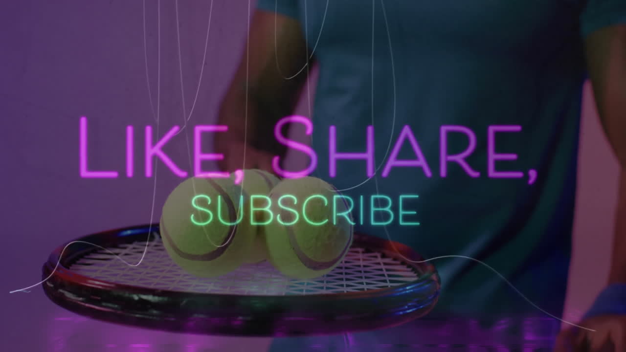 Holding racket, tennis player with animation of LIKE, SHARE, SUBSCRIBE text