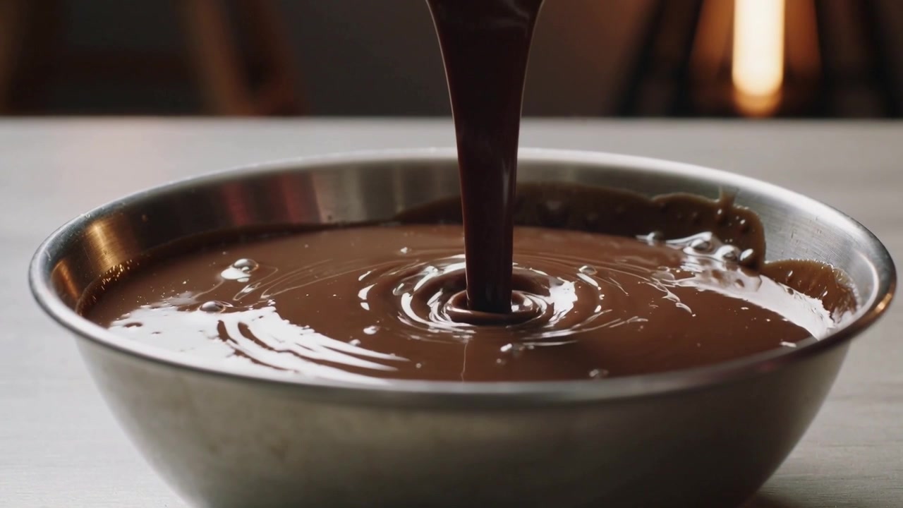 Versando cioccolato fondente in un flusso costante che forma increspature in una ciotola di miscelazione d'acciaio in cucina per la cottura.