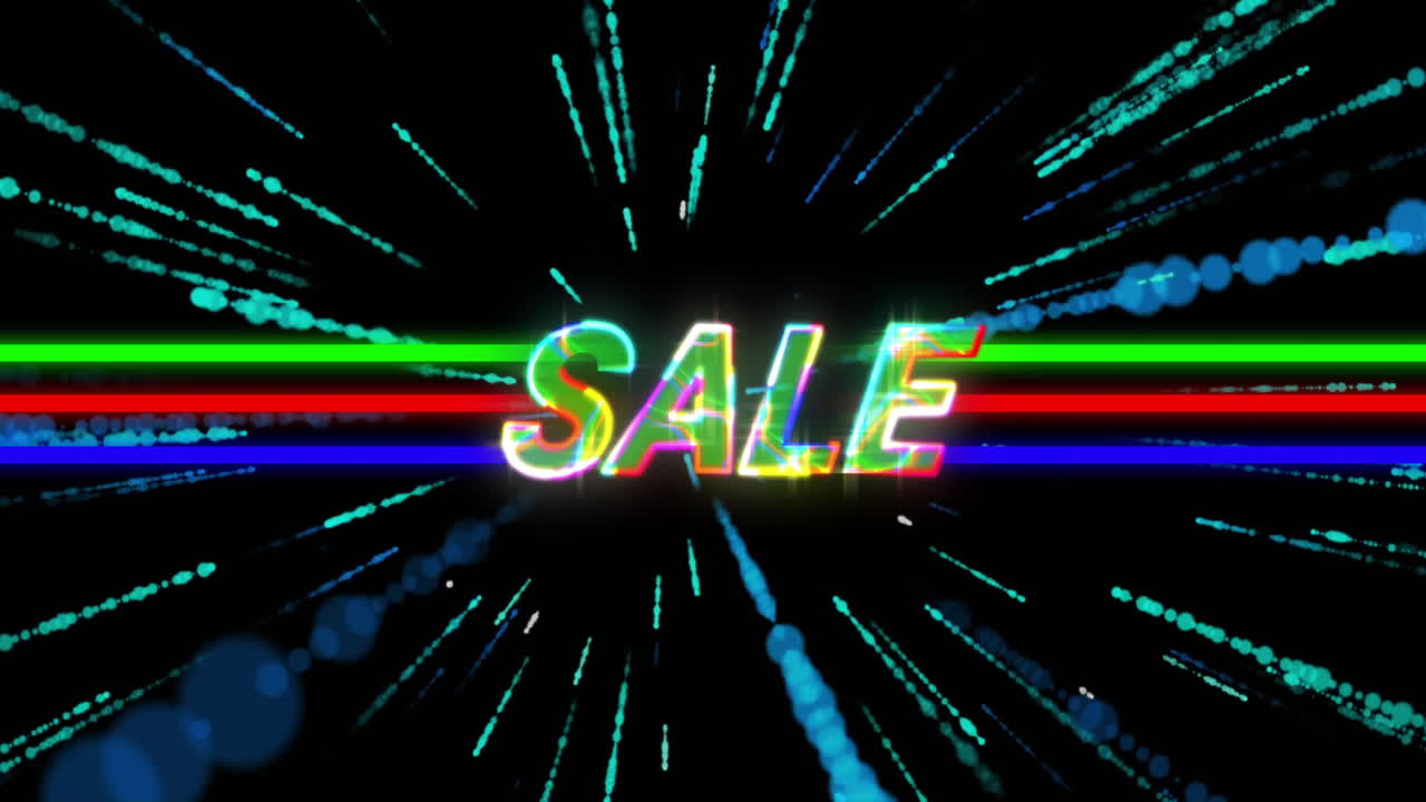 Animation of colorful SALE text with dynamic light streaks on black background