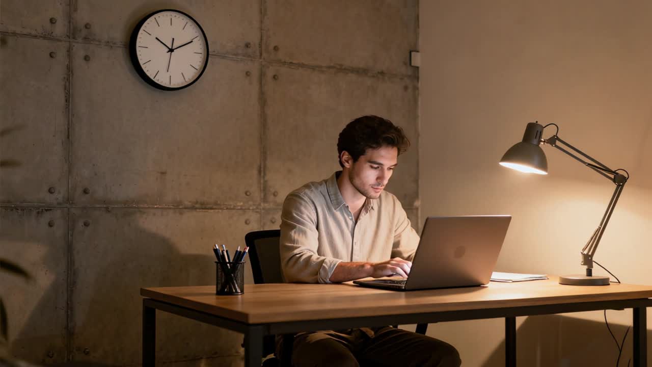 Pria Muda Bekerja di Laptop di Meja di Kantor Modern pada Malam Hari