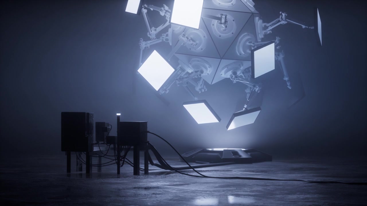 Sfera robotica futuristica con pannelli luminosi in un laboratorio oscuro