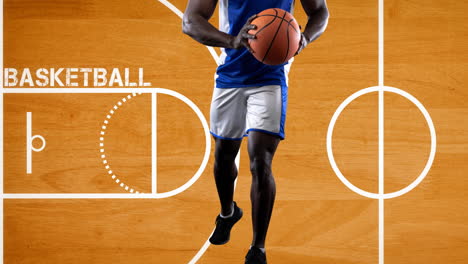 animation of basketball player with ball on basketball court background