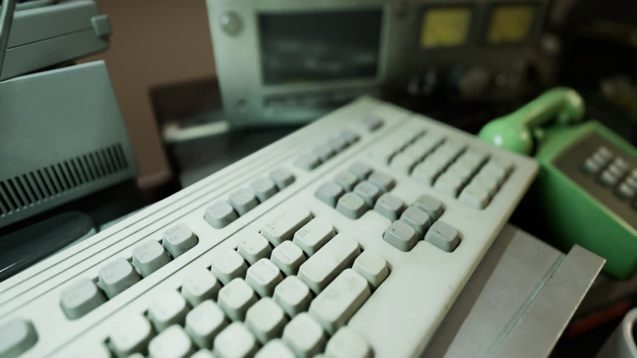Vintage computer equipment and retro gadgets displayed on a workbench