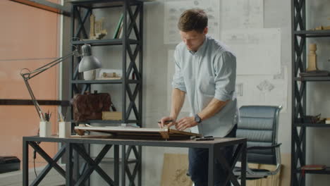 ingeniero trabaja en una oficina luminosa con una gran ventana se concentra y dibuja planos. lugar de trabajo de un arquitecto o diseñador: estilo loft dibujos interiores minimalistas