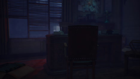 dark office space with a chair in front of a desk during nighttime hours